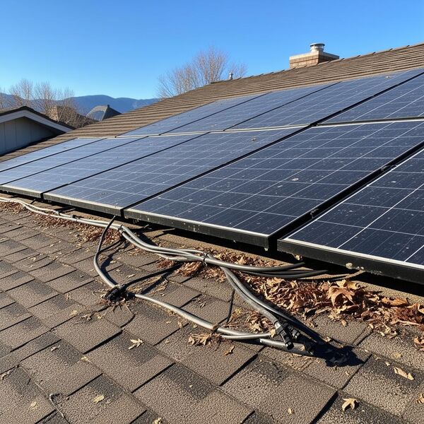 Older rooftop solar array with exposed conduit and debris before inspection
