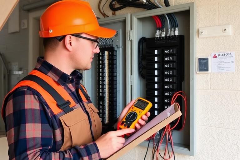 Electrician inspecting a residential breaker panel